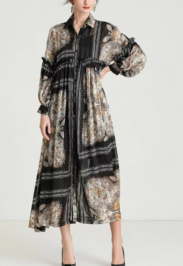 French Print Lapel Long Sleeve Cardigan Dress