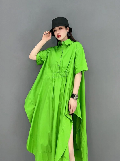 Women's Loose Lapel Solid Color Short Sleeve Irregular Dress Spring