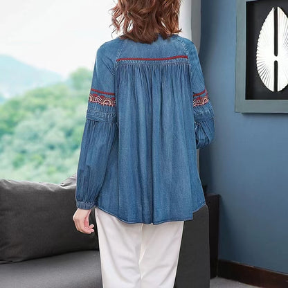 Loose Embroidered Geometric Tie Long Sleeve Denim Top