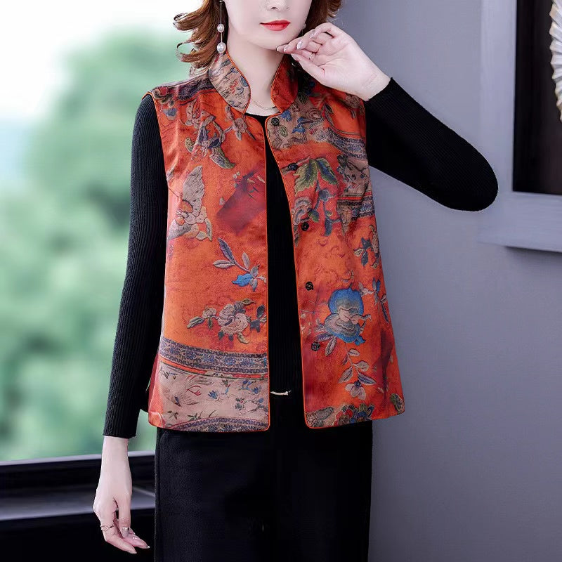 Chinese Style Standing Collar Embroidered Silk Vest