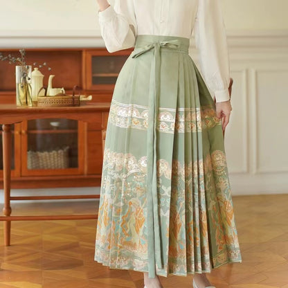 Elegant Vintage Green Printed Pleated Skirt