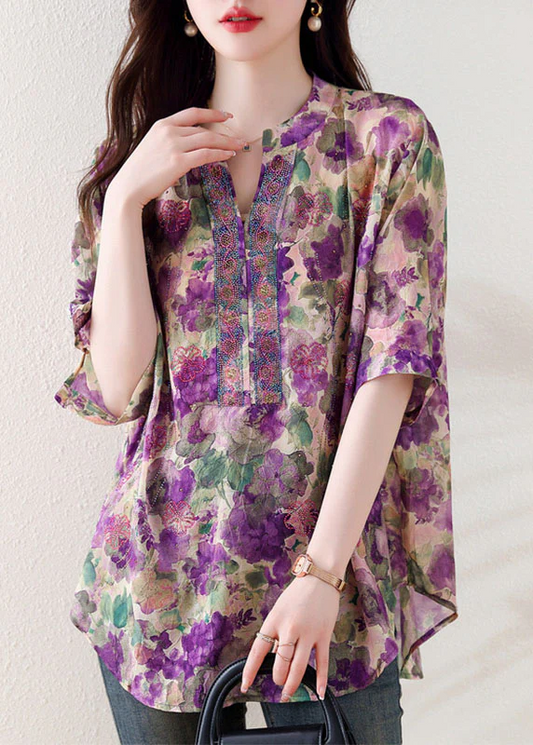 Loose V-Neck Printed Cotton Short Sleeve Shirt Top