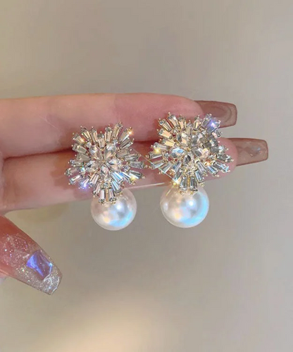 Luxury Peplum Gold Pearl Zirconia Flower Stud Earrings