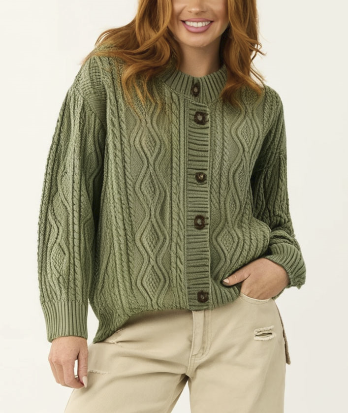 Loose Green Cardigan Button Geometric Sweater