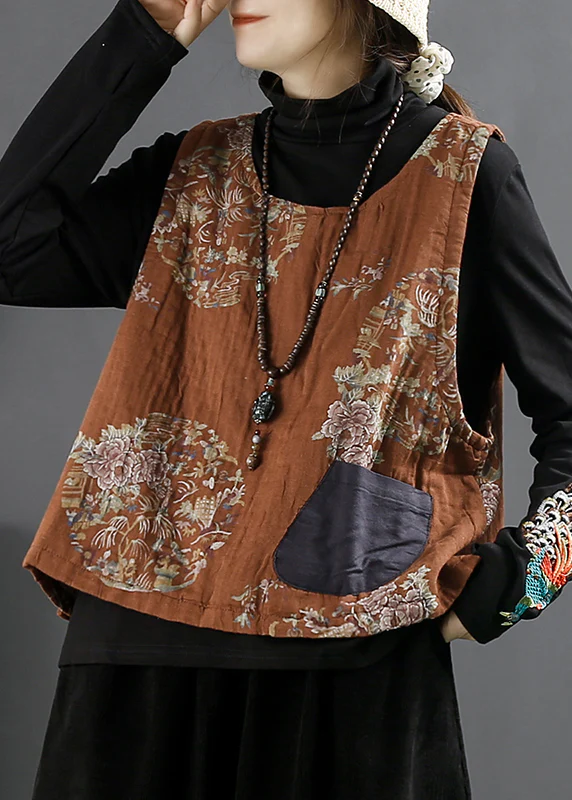 Vintage O-Neck Printed Pocket Vest