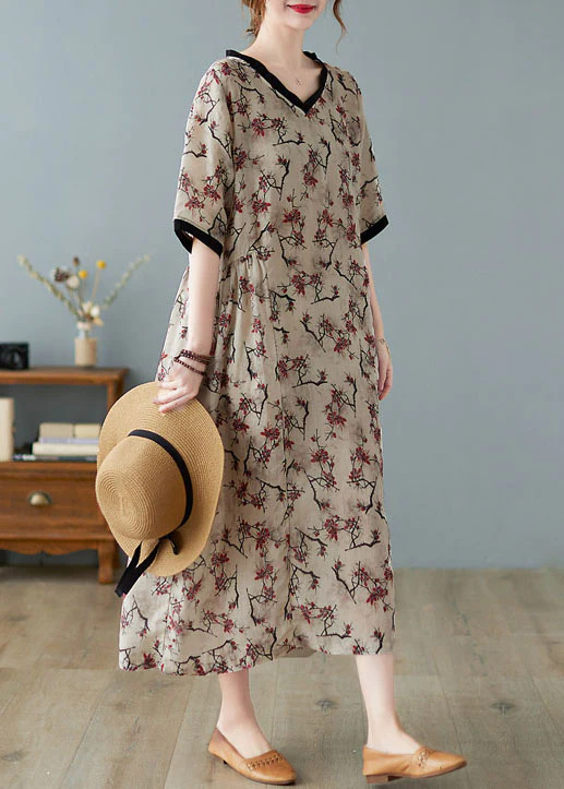 Elegant V-Neck Printed Linen Short Sleeve Dress