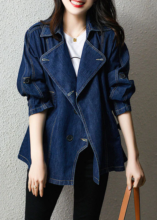 Stylish Lapel Pocket Drawstring Denim Jacket