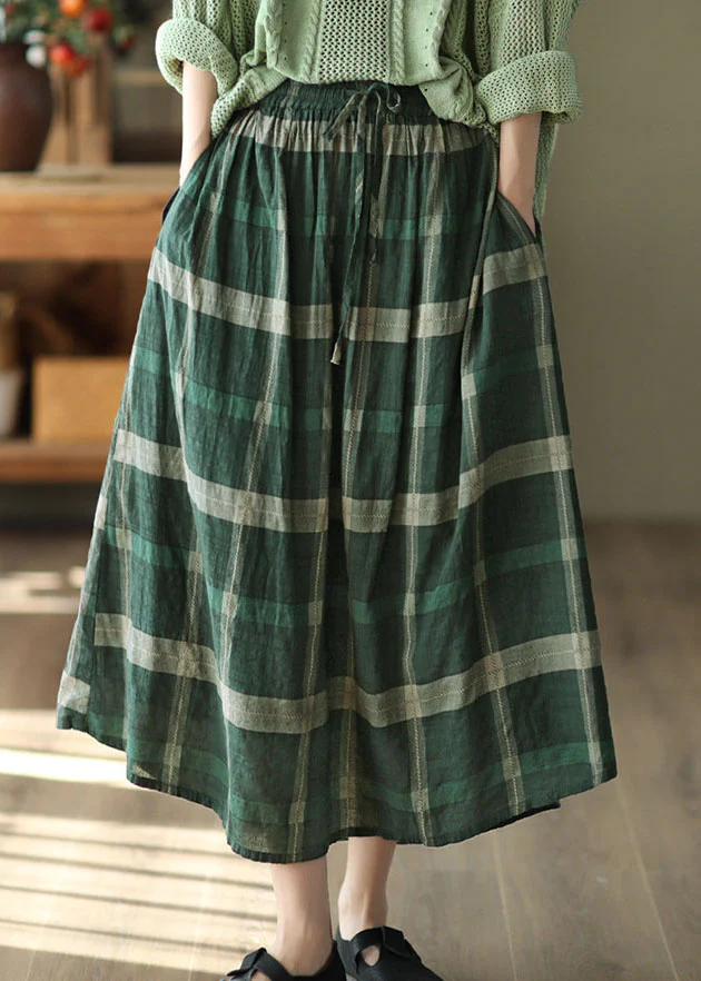 Casual Pocket Plaid Printed Linen Skirt