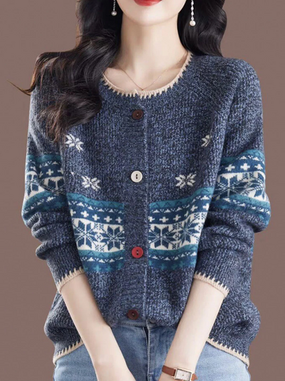 Women's Loose Classic Vintage Crew Neck Knit Cardigan