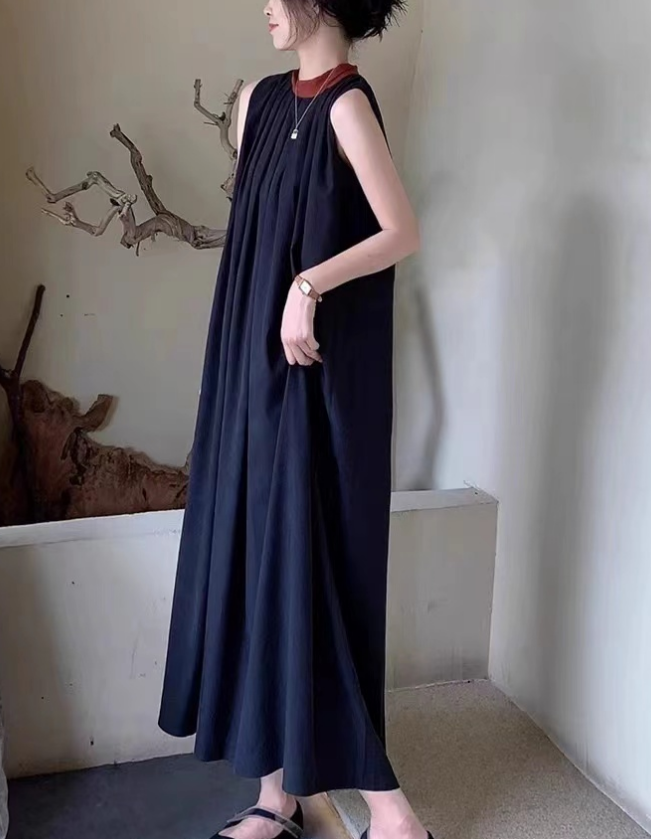 French Round Neck Color Clash Sleeveless Long Dresses