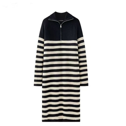 Loose Clashing Black And White Stripe Long Sleeve Knitted Sweater Dress