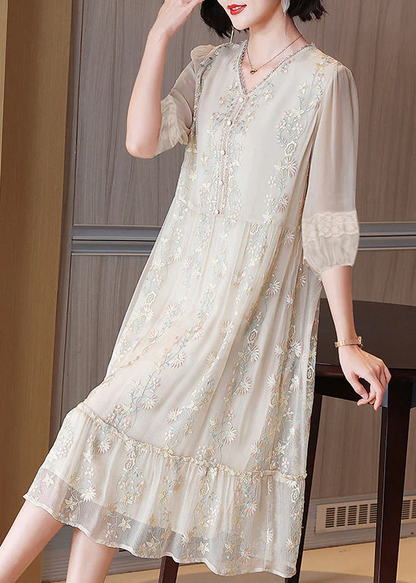 Women's Embroidered Lace Ruffle Silk Half Sleeve Dress Spring