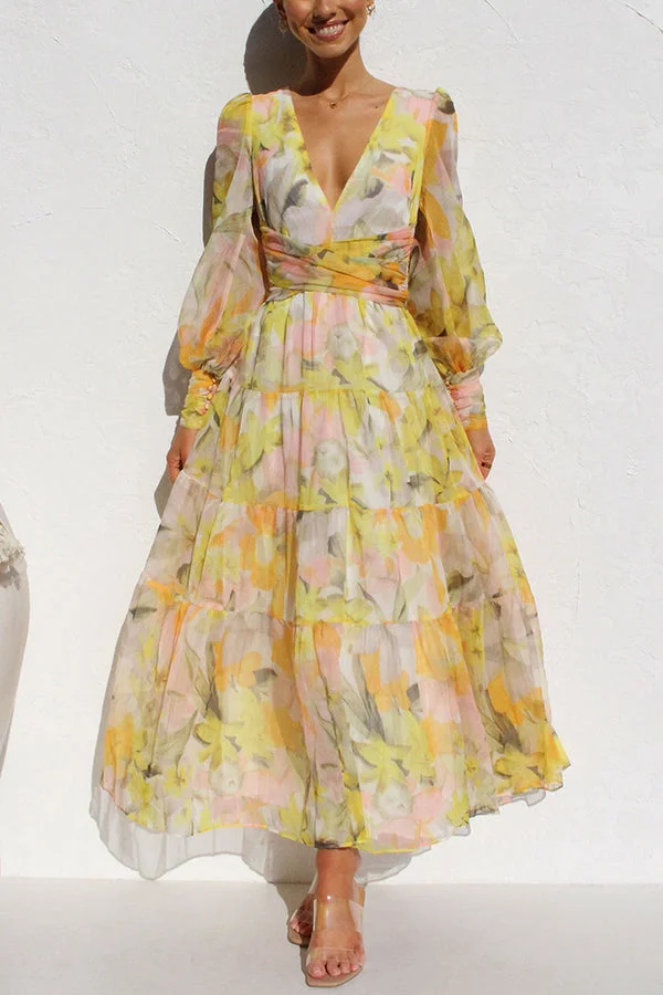 Elegant Abstract Floral Lantern Sleeve Extra Long Dress