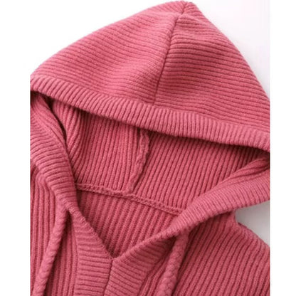 Elegant Loose Hooded Pink Long Sleeve Knitted Sweater Dress