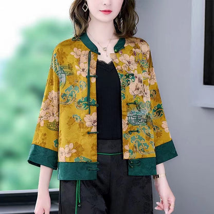 Chinese Style Printed Color Clashing Button Shirt Top