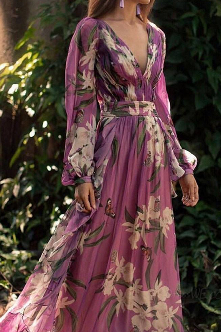 Elegant Printed V-Neck High Waist Dress