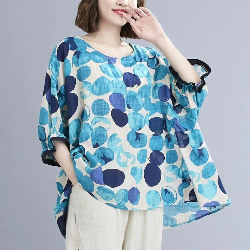 Loose Dot Bat Wing Sleeve Cotton T Shirt Top