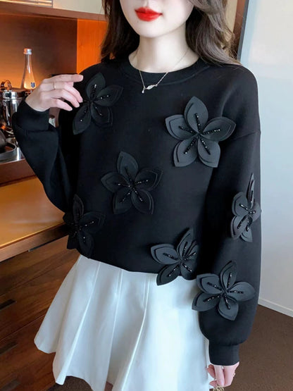 Beaded Floral Round Neck Long Sleeve Sweatshirt