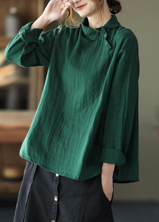 Women's Plus Size Green Peter Pan Collar Button Asymmetric Long Sleeve Top Spring