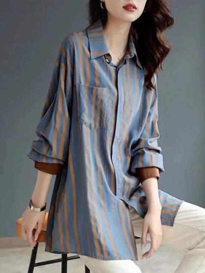 Casual Lapel Striped Color Clash Long Sleeve Shirt Top