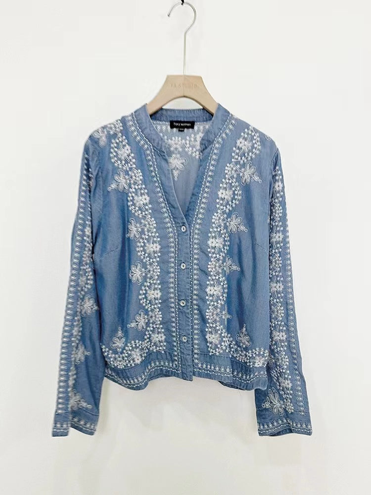 Fashion V-Neck Embroidered Floral Cardigan Long Sleeve Shirt Denim