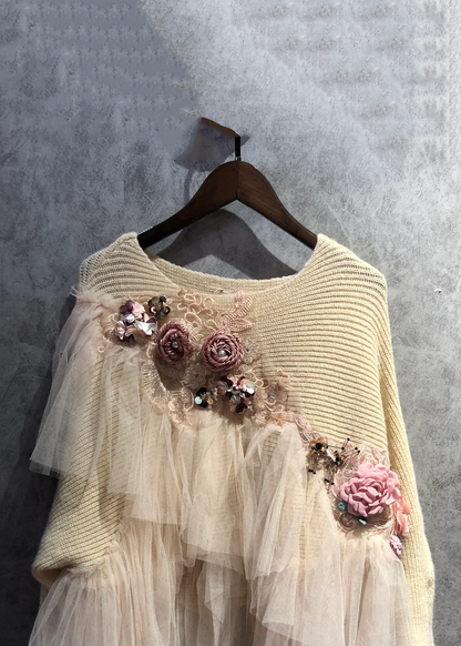 Women's Elegant O-Neck Tulle Patchwork Knit Sweater