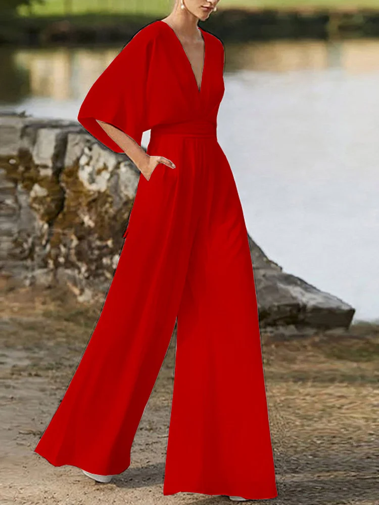 Deep V Neck Solid Colour High Waisted Wide Leg Jumpsuit