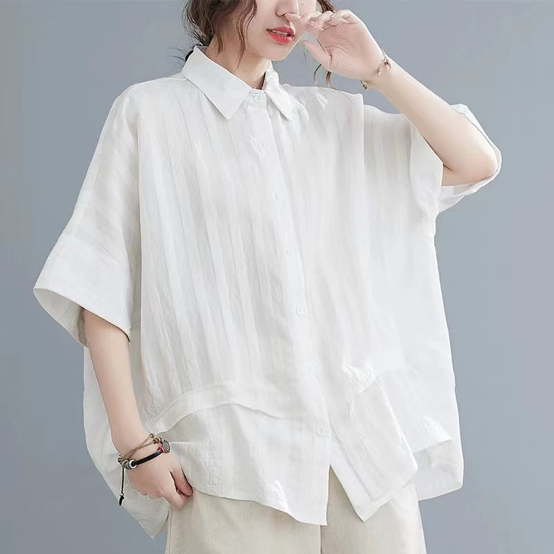 Casual Lapel Stand Collar Linen Shirt Batwing Sleeve Top