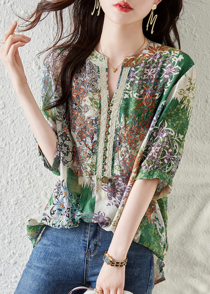 Women's Plus Size Green V-Neck Printed Shirt Summer