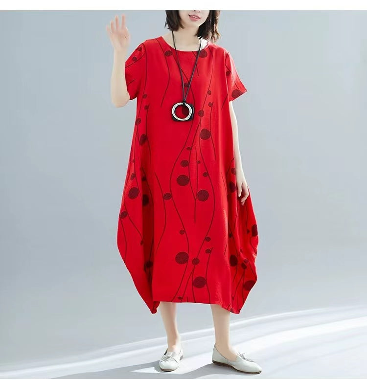 Casual Printed Cotton Linen Tunic Waist Peplum Short Sleeve Dress