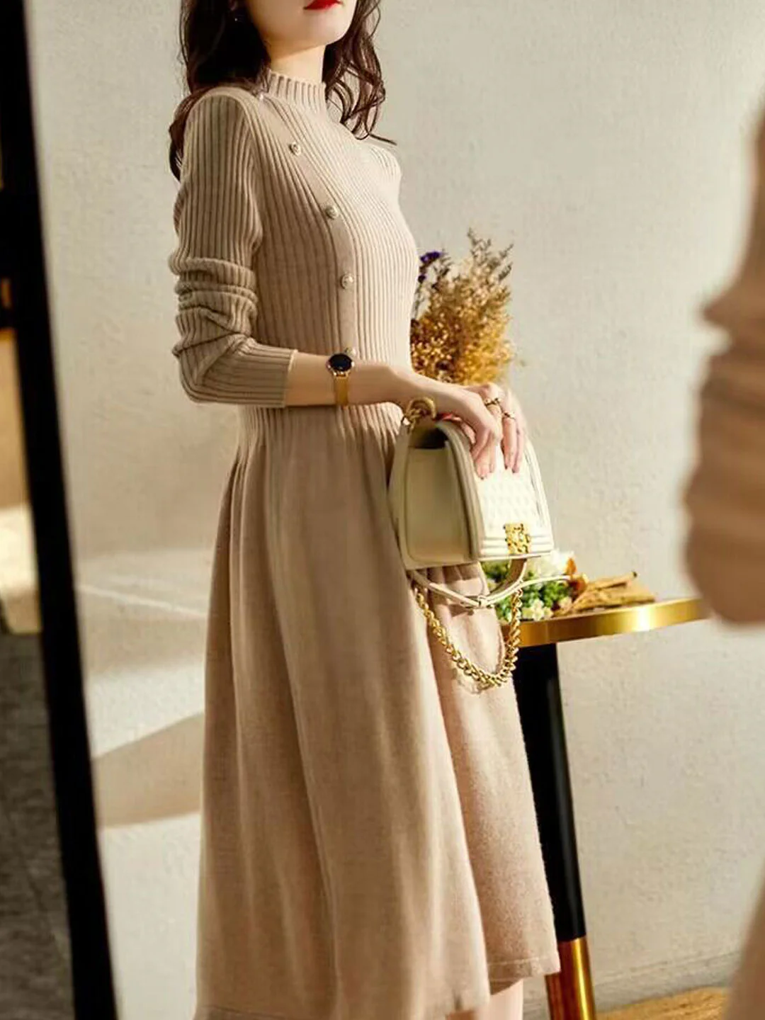 Women's High Neck Solid Color Knit Sweater Dress