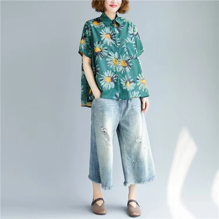 Loose Printed Lapel Short Sleeve Shirt Top