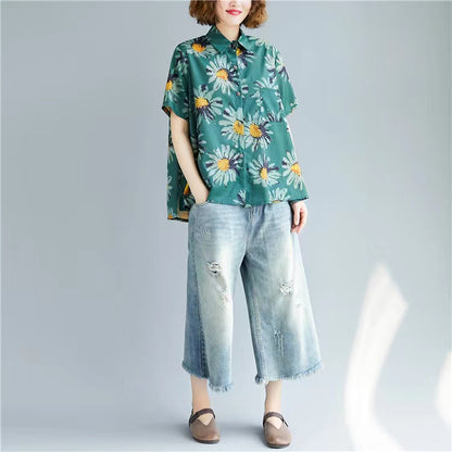 Loose Printed Lapel Short Sleeve Shirt Top