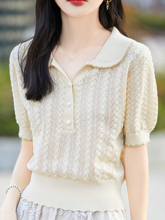 Elegant Lapel Skeleton Knit Short Sleeve Shirt Top