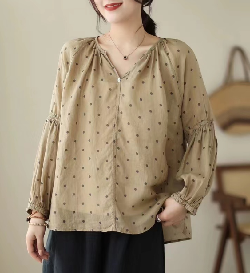 Elegant Printed Polka Dot V-Neck Linen Long Sleeve Shirt Top