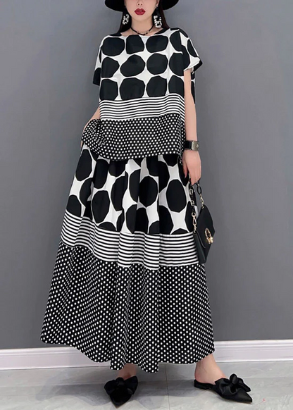 Loose O-neck polka dot print chiffon top and skirt two-piece set