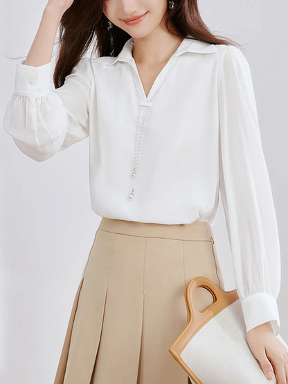 French V-Neck Lapel Satin Long Sleeve Shirt Top