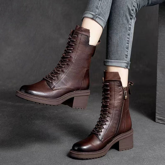 Fashion Casual Cowhide Boots Lace Up Zipper Hundred Short Boots