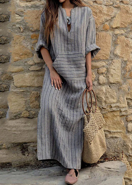 Gray Round Neck Striped Patchwork Maxi Dress