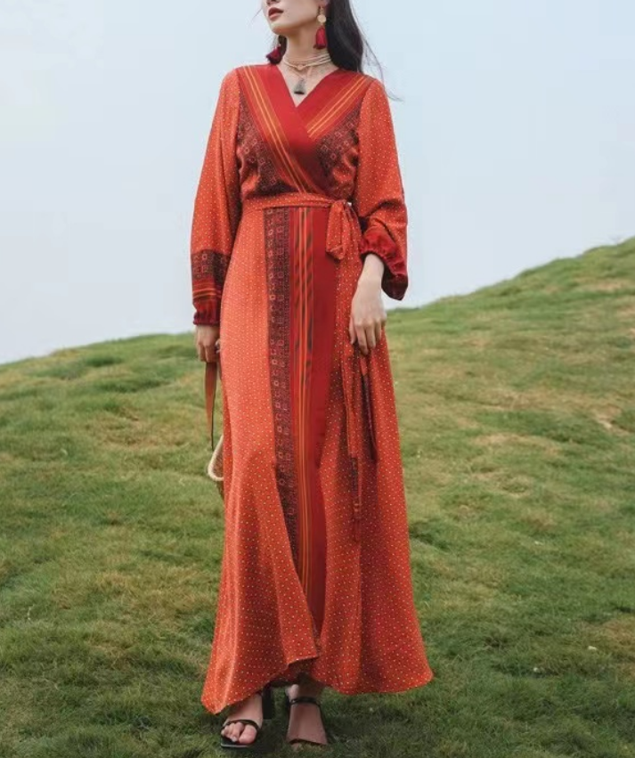 French V-Neck Color-Collision Tie Beach Long Sleeve Dress