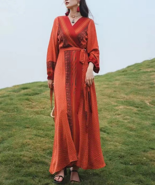 French V-Neck Color-Collision Tie Beach Long Sleeve Dress