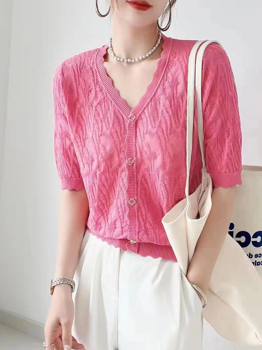 Elegant Jacquard Knit Cardigan Short Sleeve Blouse Top