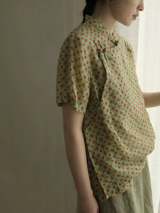 Women's Polka Dot Linen Short Sleeve Shirt