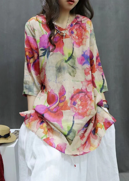 Chinese V-Neck Printed Asymmetric Linen Short Sleeve Shirt