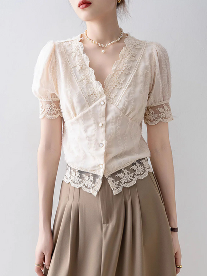 French Neck Flared Sleeve Hollow Out Lace Short Sleeve Blouse Top