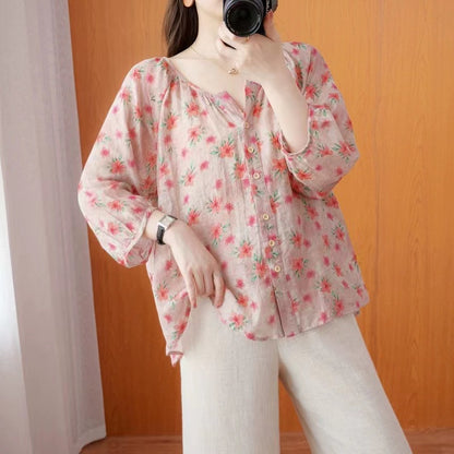 Elegant Printed Cardigan Cotton Lantern Sleeve Blouse Top