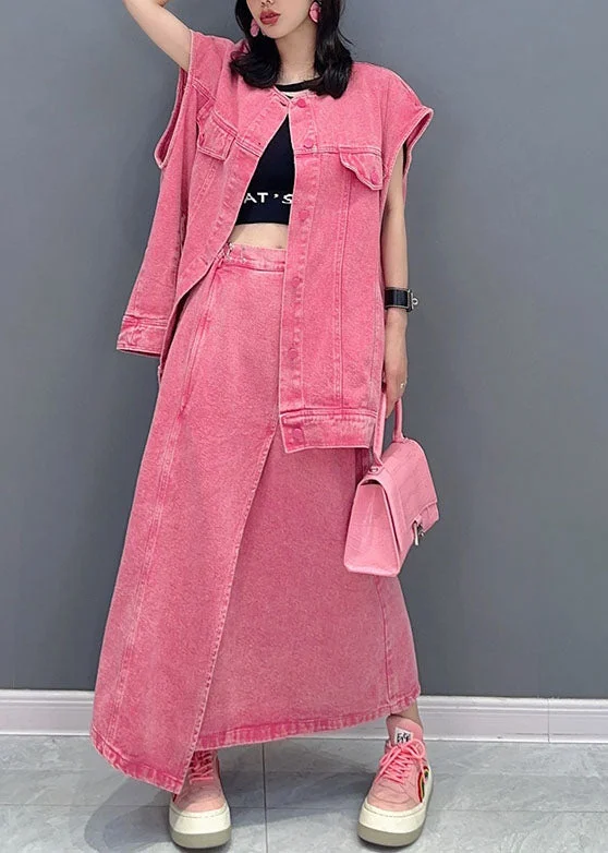 Women's Pink Vest and Skirt Denim Two-Piece Outfit