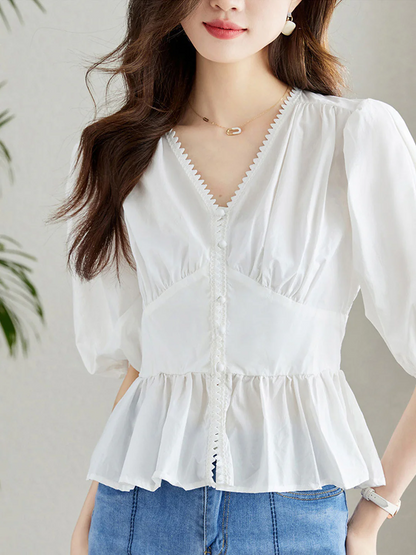 Elegant V-Neck Lantern Short Sleeve Cotton Blouse Top