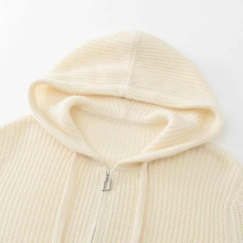 Stylish White Hooded Zip Knit Sweater