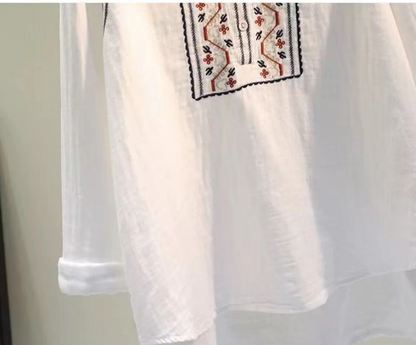 Loose Embroidered Standing Collar Buttoned Long Sleeve Shirt Top